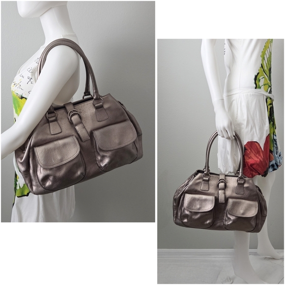 Furla Large Metallic Leather Satchel With Double Rolled Handles, Made In Italy - Picture 3 of 16